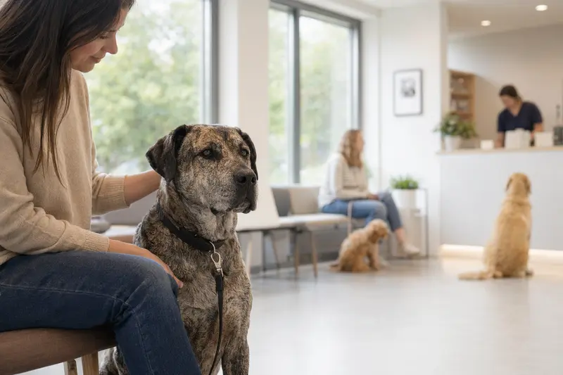 Ca de Bestiar Hund sitzt ruhig neben seinem Besitzer im hellen Wartezimmer einer modernen Tierarztpraxis.